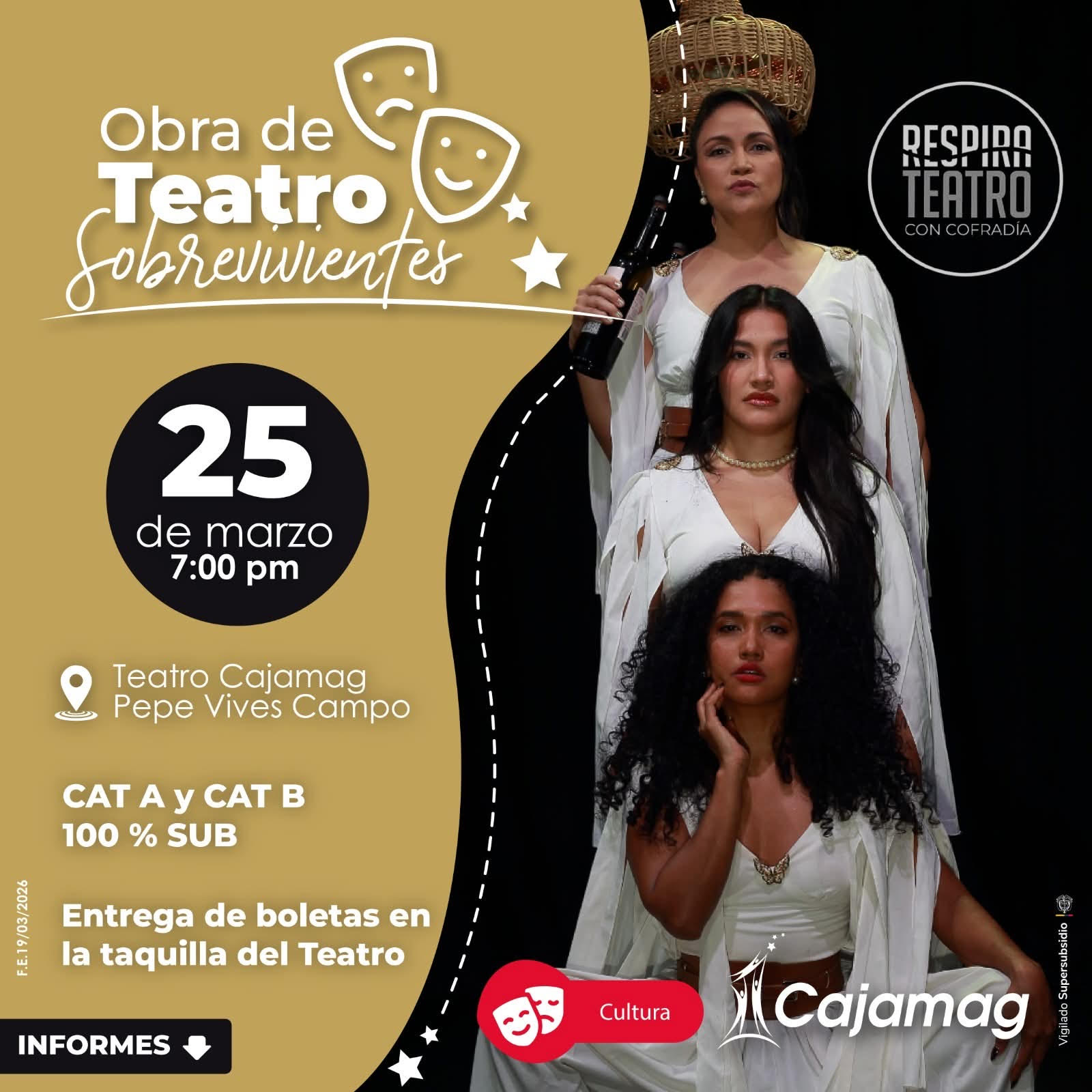 La Caja de Compensación Familiar del Magdalena – Cajamag te invita a disfrutar de la obra de teatro “Sobrevivientes”, una puesta en escena que promete una noche llena de arte y emoción en el Teatro Cajamag.