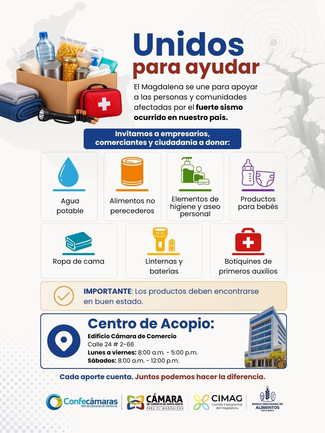 CamComercio de Santa Marta, Comité Intergremial y Banco de Alimentos se unen para apoyar a los afectados por el terremoto